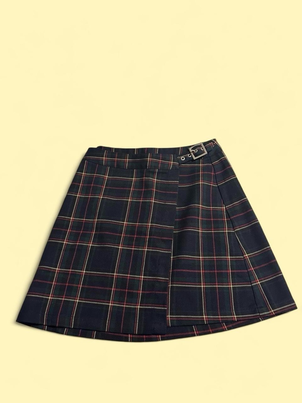 John Galt Preppy Navy Plaid Wrap Skirt with Buckle